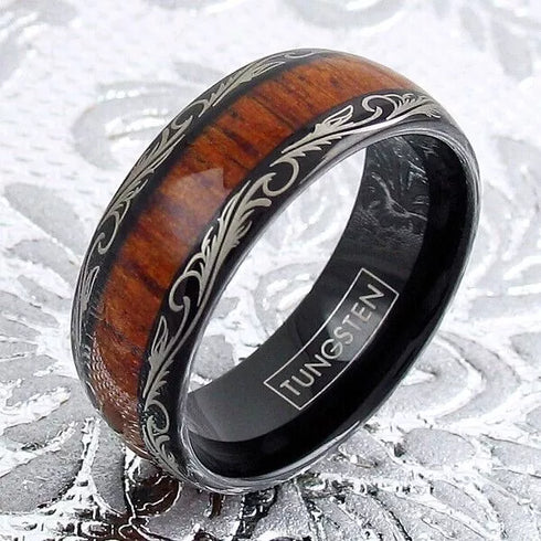 Men's 8mm Tungsten Ring Koa Wood Inlay With Laser Pattern Dome Wedding Band
